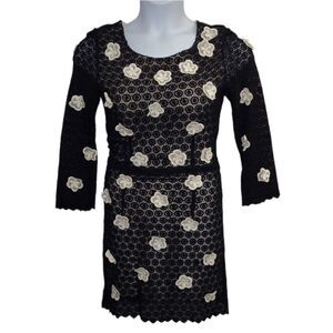 DOLCE & GABANNA black knit‎ crochet white floral 3/4 sleeve bodycon dress M